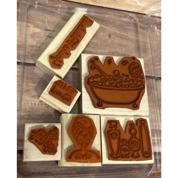 RARE Stampin Up! Bubble Queen Wood-Mounted Rubber Stamp Set bathtub spa - Picture 5 of 5